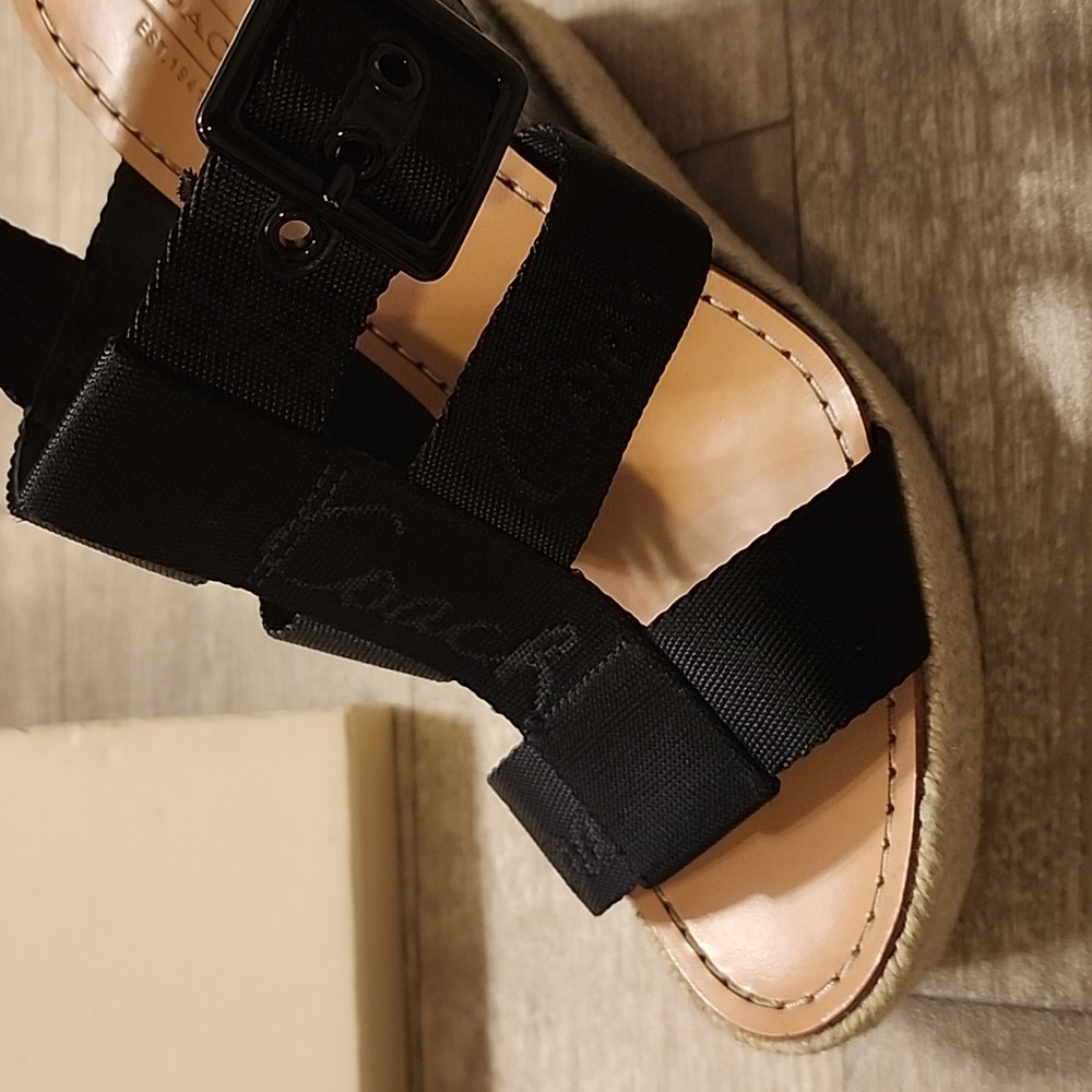 Coach Black Wedge Sandals with Tan Accents - Picture 3 of 10